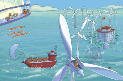 illustration: wind turbine farm at sea, freighter assissted by sky sail, seaweed farm and fish farm