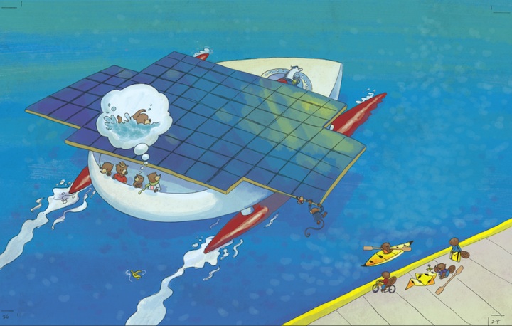 illustration: solar powered ferry, foldup kayaks for urban dwellers