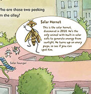 children's book illustration of an ecodistrict with green roofs and renewable energy