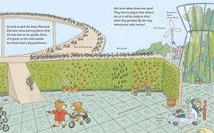 children's book illustration of bicycle parking and urban garden
